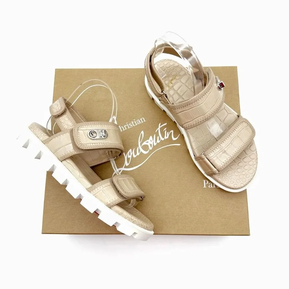 CHRISTIAN LOUBOUTIN Lock Cool Beige Dad Sandal Size 37.5 US 7 Chunky Croc Emboss